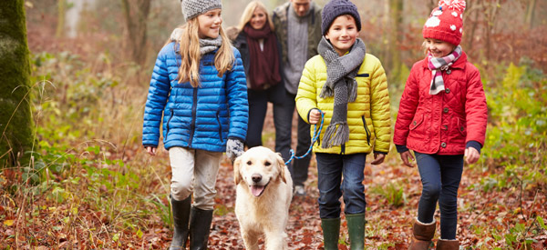 Family walking with dog